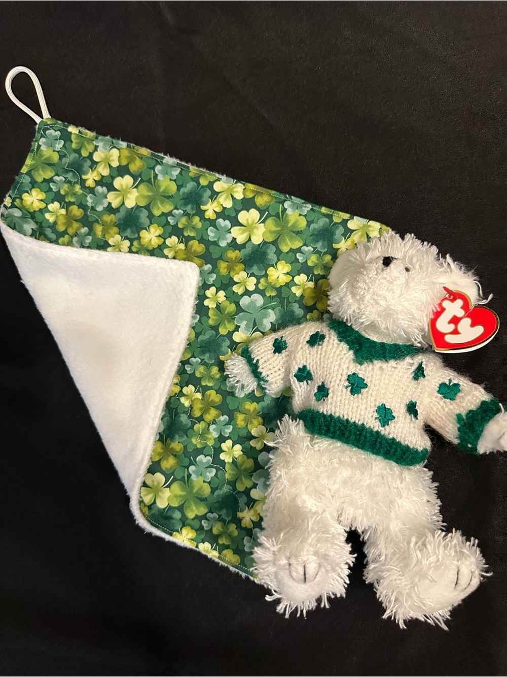 Ty Flannigan Plush Bear with Shamrock Shirt comes with Shamrock Softy Cloth
